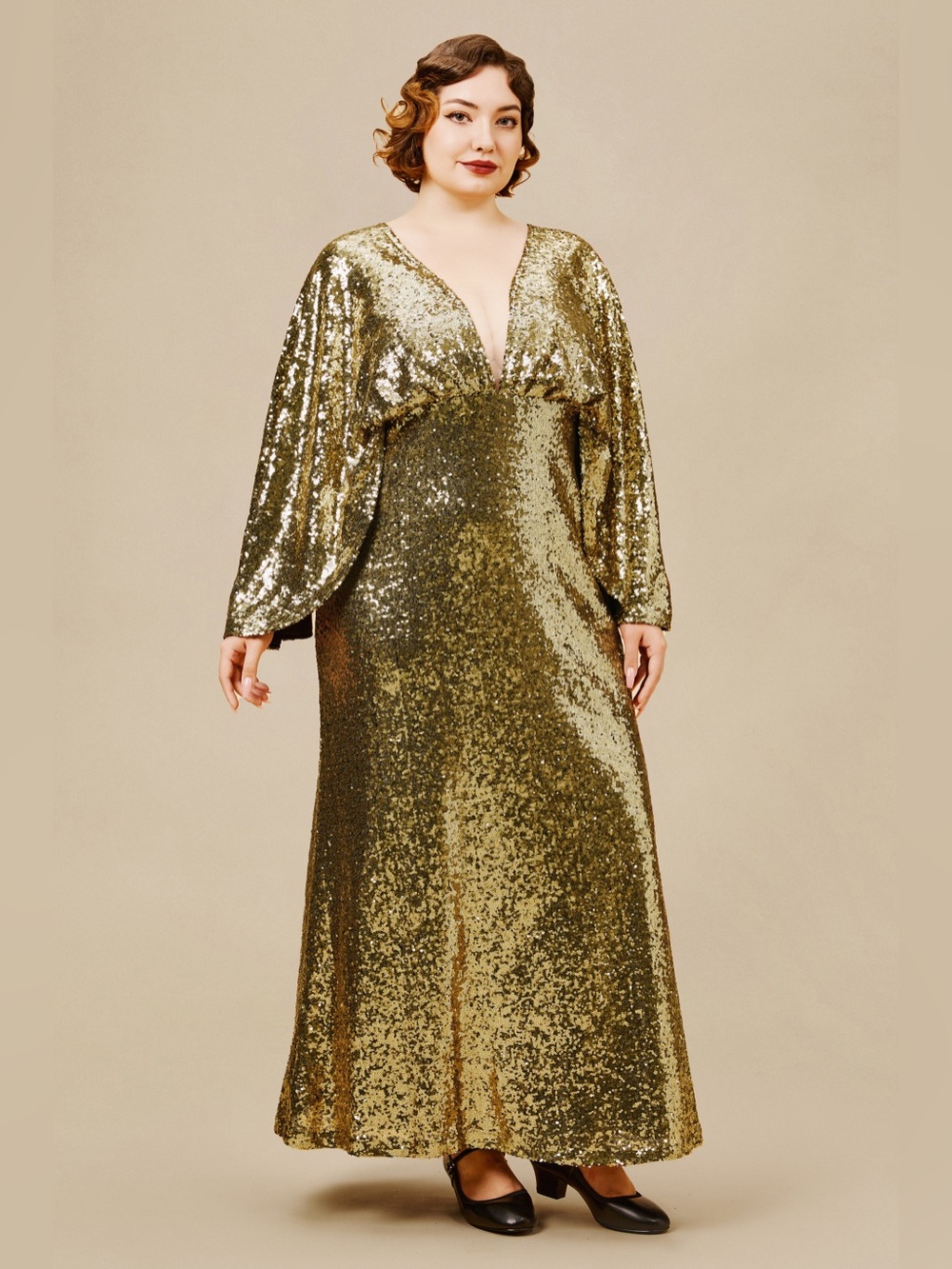 NEW BABEYOND Scoop Neck Sheer Angel Sleeve Maxi Dress Gold Sequin - Size 2X